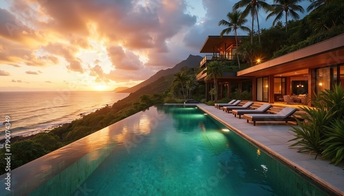 Luxury modern villa with infinity pool overlooks ocean sunset. Rich green hills surround tropical estate. Perfect vacation home offering serene paradise retreat lifestyle.