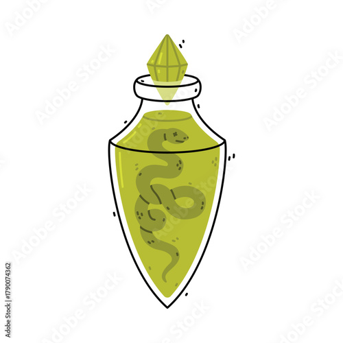 Green Potion Bottle and Glass Flask with Cork and Snake Vector Illustration