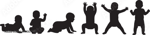 Baby growth milestones vector silhouette set showing infant development stages on white background