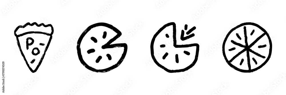 Obraz premium Pizza And Pie Chart Line Icon Set In Doodle Style. Food, Data Visualization, And Statistical Analysis Outline Sketch Collection. Hand Drawn Isolated Vector Illustration