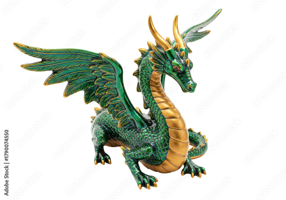 Obraz premium Isolated figurine of a golden and green dragon with ornate wings, scales and talons, fantasy art