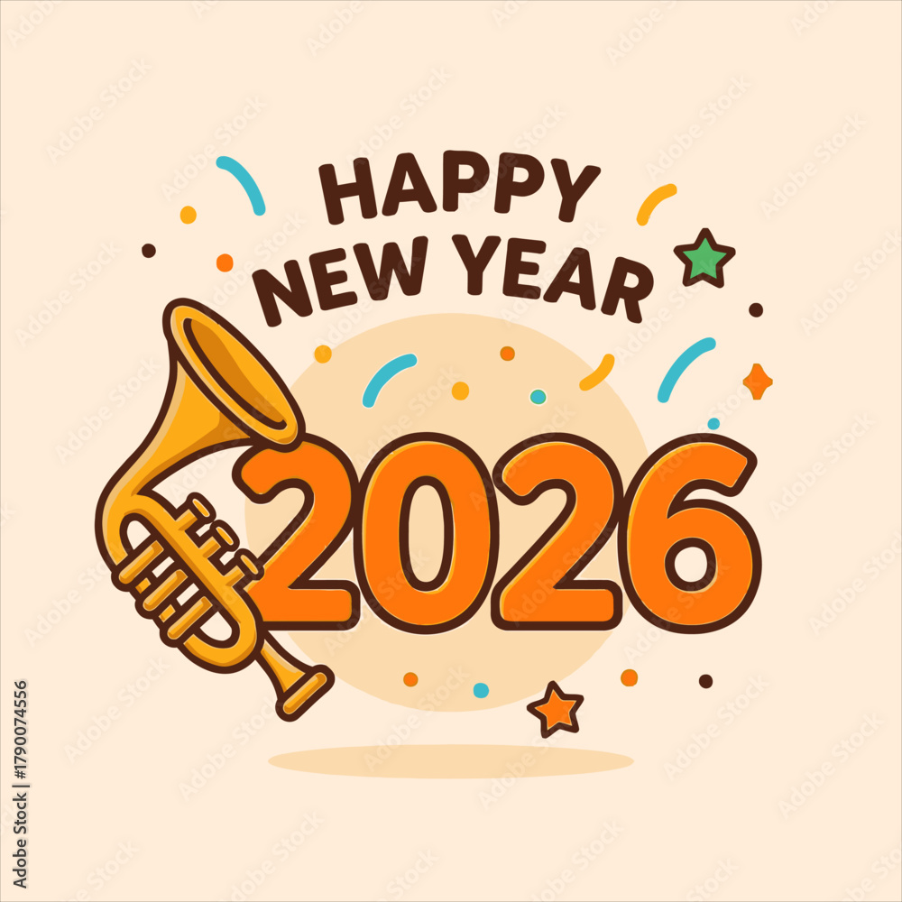 Obraz premium Happy New Year 2026 Celebration with Trumpet Flat Vector Logo for Festive Greetings