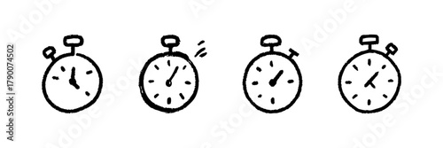 Stopwatch Line Icon Set In Doodle Style. Time Management, Precision Timing, And Countdown Tracking Outline Sketch Collection. Hand Drawn Isolated Vector Illustration