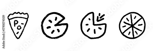 Pizza And Pie Chart Line Icon Set In Doodle Style. Food, Data Visualization, And Statistical Analysis Outline Sketch Collection. Hand Drawn Isolated Vector Illustration
