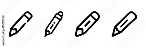 Pencil Line Icon Set In Doodle Style. Writing, Creativity, And Education Tools Outline Sketch Collection. Hand Drawn Isolated Vector Illustration