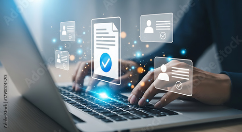 Hands typing on a laptop with digital document and profile icons, indicating online verification and identity confirmation.