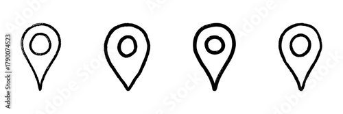Map Location Pin Line Icon Set In Doodle Style. Navigation, Gps, And Geolocation Marker Outline Sketch Collection. Hand Drawn Isolated Vector Illustration