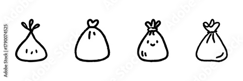 Four Money Bags Line Icon Set In Doodle Style. Financial Savings, Wealth Accumulation, And Economic Prosperity Outline Sketch Collection. Hand Drawn Isolated Vector Illustration