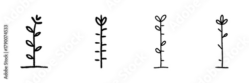 Four Growing Plant Line Icons In Doodle Style. Botanical Growth And Nature Development Outline Sketch Collection. Hand Drawn Isolated Vector Illustration