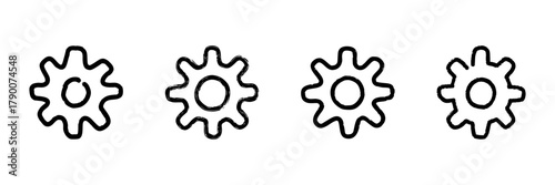 Four Gear Icons Line Icon Set In Doodle Style. Mechanical Engineering, Process Optimization, And System Configuration Outline Sketch Collection. Hand Drawn Isolated Vector Illustration
