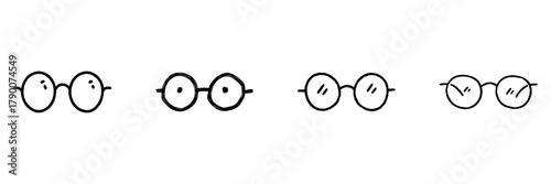 Round Glasses Line Icon Set In Doodle Style. Eyewear Fashion, Vision Correction, And Optical Accessories Outline Sketch Collection. Hand Drawn Isolated Vector Illustration