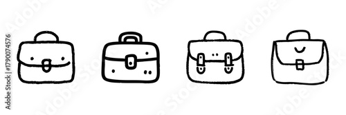 Briefcase And Satchel Line Icon Set In Doodle Style. Business, Travel, And Professional Accessories Outline Sketch Collection. Hand Drawn Isolated Vector Illustration