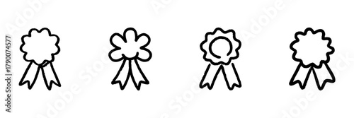 Award Ribbon Line Icon Set In Doodle Style. Achievement Recognition, Excellence, And Honor Outline Sketch Collection. Hand Drawn Isolated Vector Illustration