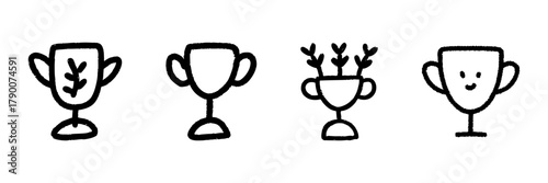 Trophy Cup Line Icon Set In Doodle Style. Achievement, Success, And Recognition Outline Sketch Collection. Award Symbols With Leaf, Smile, And Growth Elements. Hand Drawn Isolated Vector Illustration