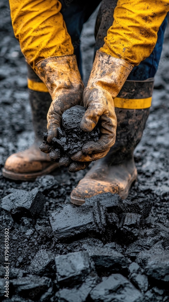 Fototapeta premium Hands covered in dirt hold lumps of coal, showcasing the hard work of mining in a dark setting with a focus on resilience and industry
