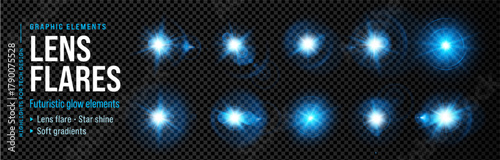 Lens flare light blue with sparkle effect ray and background glow flash burst. Camera shine star with sun glare spark explosion and spotlight bright radiance.