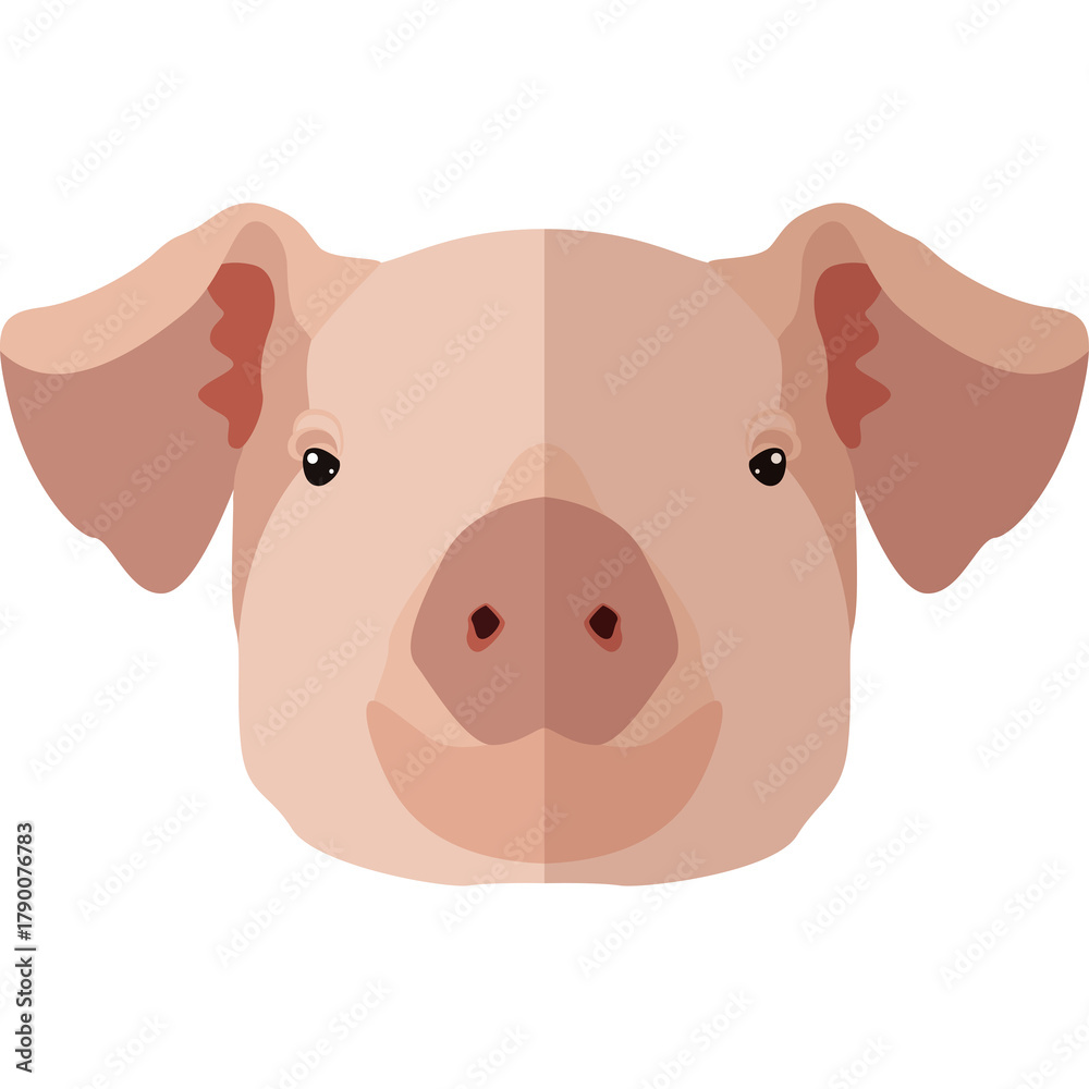 Fototapeta premium Pink Pig Face With Large Ears And Dark Eyes Against A Transparent White Background Digital Art Illustration