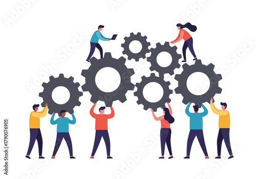 People working together to assemble gears and a laptop