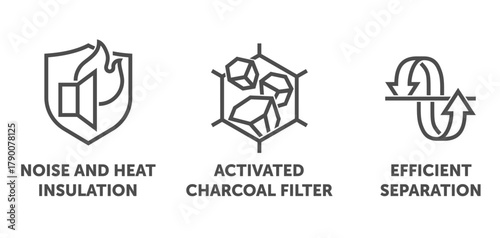 Bold icons - Noise and Heat Insulation, Efficient Separation, Activated Charcoal