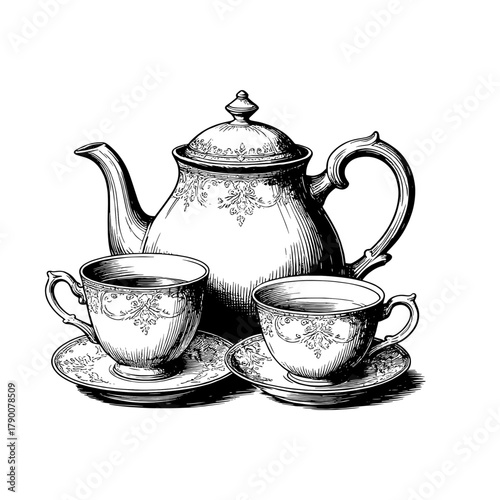 A porcelain teapot and two cups of tea on saucers, a black and white sketch. Vector illustration. Tea ceremony, isolated drawing on a white background.