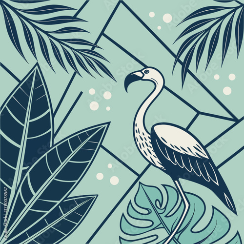 Minimalist Tropical Flamingo Vector Illustration with Geometric and Botanical Elements