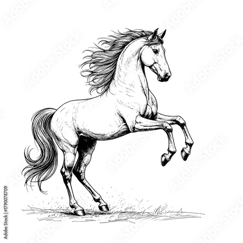 The horse reared up, a black and white sketch. Vector illustration. A horse with a long mane and tail, isolated on a white background
