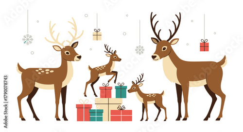 Charming illustration of a reindeer family with festive gifts and snowflakes celebrating the holiday season