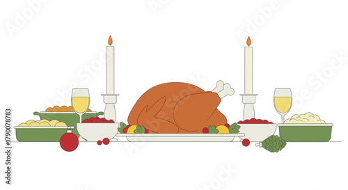 A festive holiday dinner spread featuring a roasted turkey side dishes wine and candles on a white background