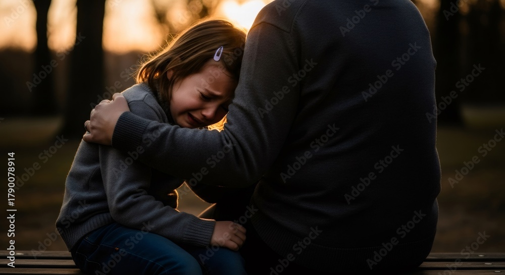 Fototapeta premium Girl crying on her parents shoulder, seeking comfort and support. Concept of childhood trauma, emotional breakdown, and mental health for family therapy.