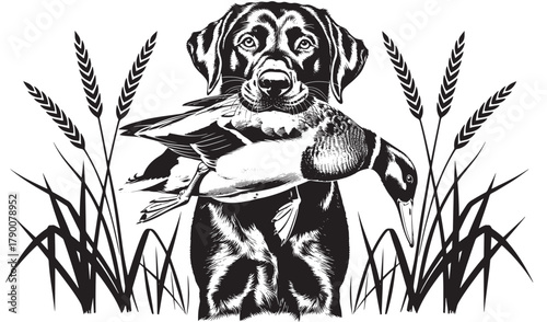 Hunting dog carrying a duck vintage style illustration perfect for outdoor and hunting themed designs