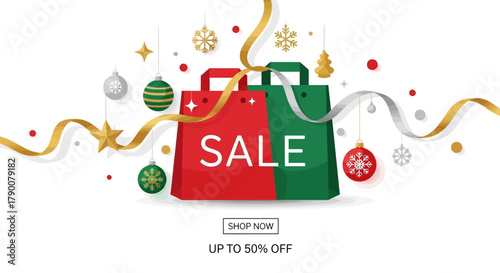 Festive christmas sale with shopping bags and ornaments offering up to 50 percent off