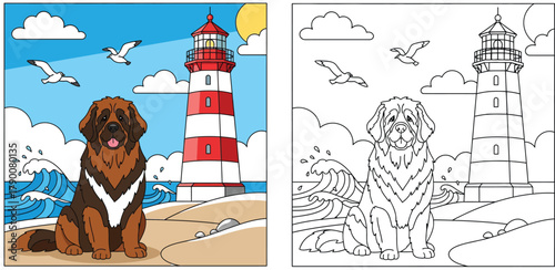 Cute Newfoundland dog sitting on a sandy beach with a lighthouse, seagulls, and ocean waves in a charming cartoon coloring book style.