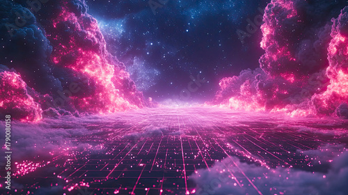Gate to the cosmic cloud city glows with pink light among the twinkling stars