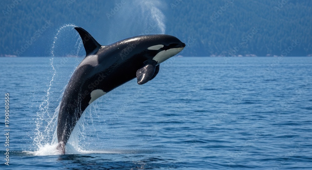 Obraz premium Orca breaching from blue water with forested hills in background