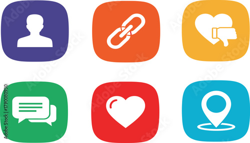 Colorful UI icons, user profile, chain link, dislike heart, chat bubbles, love symbol, location pin, rounded squares, app interface