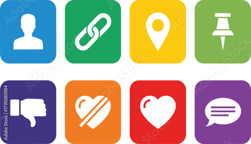 Colorful UI icons, user profile, chain link, location pin, pushpin, thumbs down, broken heart, chat bubble, app interface, minimal design