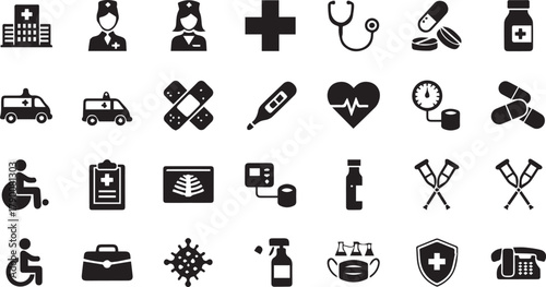 Comprehensive medical and healthcare vector icons set isolated on white background