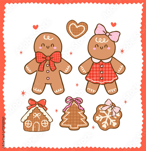 Cute Gingham Coquette Christmas Gingerbread Man and Girl Cartoon Hand Drawn, Kawii Girly Festive Cookies