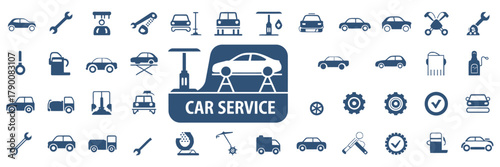 Car service icons collection, vehicle repair, technical inspection, towing, washing, painting, cleaning, jack, breakdown repair, maintenance vector design illustration