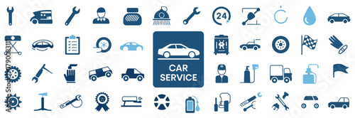 Car service icons set, technical inspection, repair of breakdowns, auto washing and painting, towing, cleaning, jack, maintenance, vector illustration design