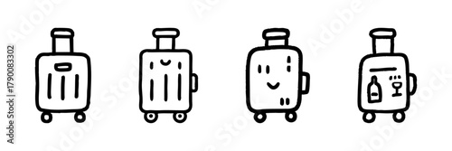 Luggage Line Icon Set In Doodle Style. Travel Suitcase With Faces And Wine Symbol Outline Sketch Collection. Vacation, Tourism, And Journey Concept. Hand Drawn Isolated Vector Illustration
