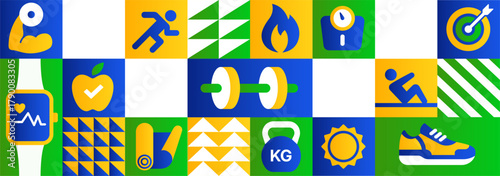 Colorful Health and Exercise Icon Pattern - Modern Fitness Grid Background for Wellness Promotion