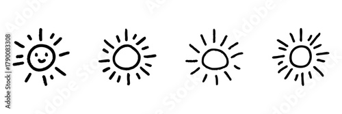 Sun Icons With Smiling Face Line Icon Set In Doodle Style. Weather, Happiness, And Positivity Symbols Outline Sketch Collection. Hand Drawn Isolated Vector Illustration
