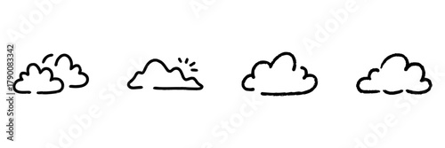 Cloud Line Icon Set In Doodle Style. Weather Forecasting And Atmospheric Conditions Outline Sketch Collection. Hand Drawn Isolated Vector Illustration