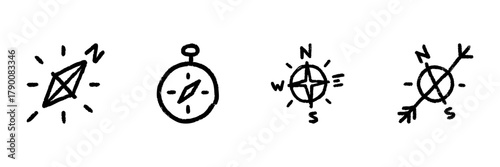 Compass And Navigation Symbols Line Icon Set In Doodle Style. Directional Guidance And Orientation Tools Outline Sketch Collection. Hand Drawn Isolated Vector Illustration