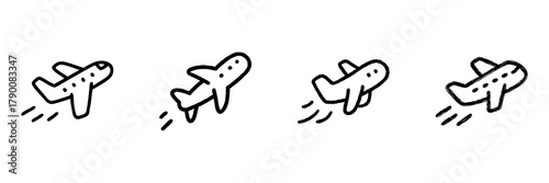 Airplane Flight Line Icon Set In Doodle Style. Aviation, Travel, And Transportation Outline Sketch Collection. Hand Drawn Isolated Vector Illustration