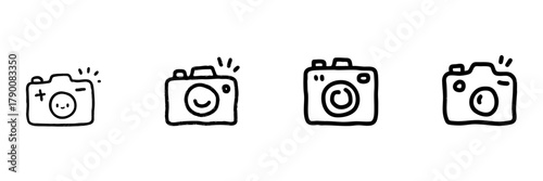 Camera Line Icon Set In Doodle Style. Photography, Creativity, And Visual Arts Outline Sketch Collection. Hand Drawn Isolated Vector Illustration
