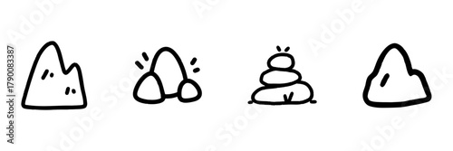 Mountain And Rock Formations Line Icon Set In Doodle Style. Nature, Landscape, And Geological Features Outline Sketch Collection. Hand Drawn Isolated Vector Illustration