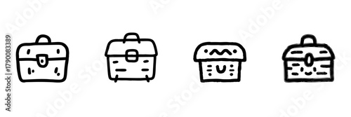Treasure Chest Line Icon Set In Doodle Style. Wealth, Adventure, And Hidden Riches Outline Sketch Collection. Hand Drawn Isolated Vector Illustration