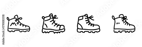 Hiking Boots Line Icon Set In Doodle Style. Outdoor Adventure, Trekking, And Footwear Design Outline Sketch Collection. Hand Drawn Isolated Vector Illustration